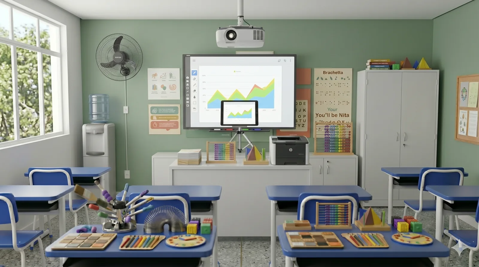 Bebedouro institucional próximo a corredor escolar