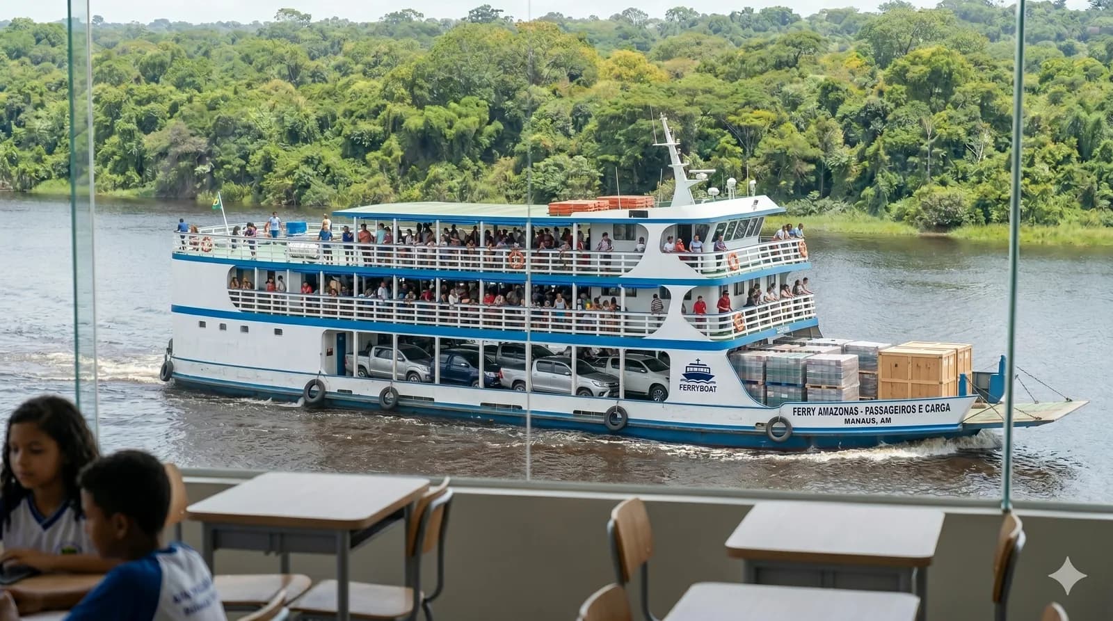 Escola com vista para o rio amazônico